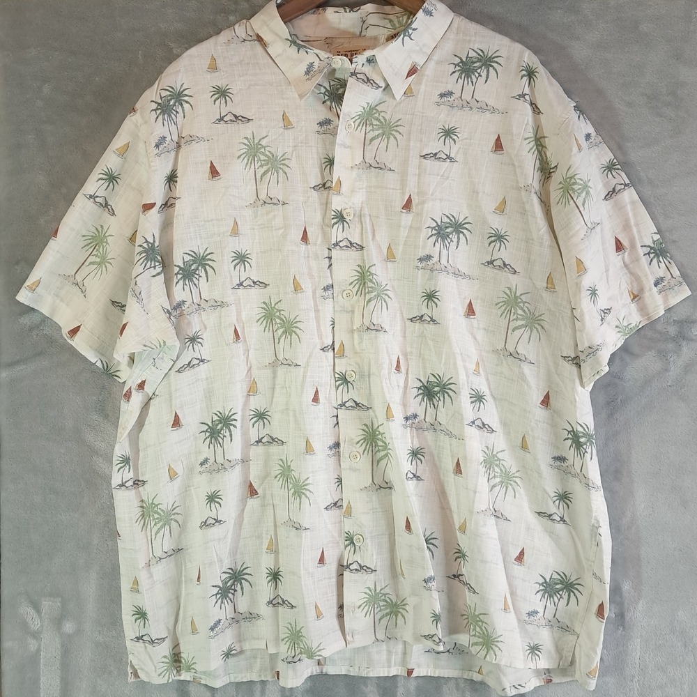 Red Head Button Down Hawaiian Shirt Sailboat Palm Men 3XL Cotton Short Sleeve